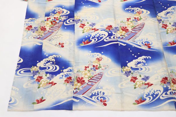 流水に花舟文の夏アンティーク着物